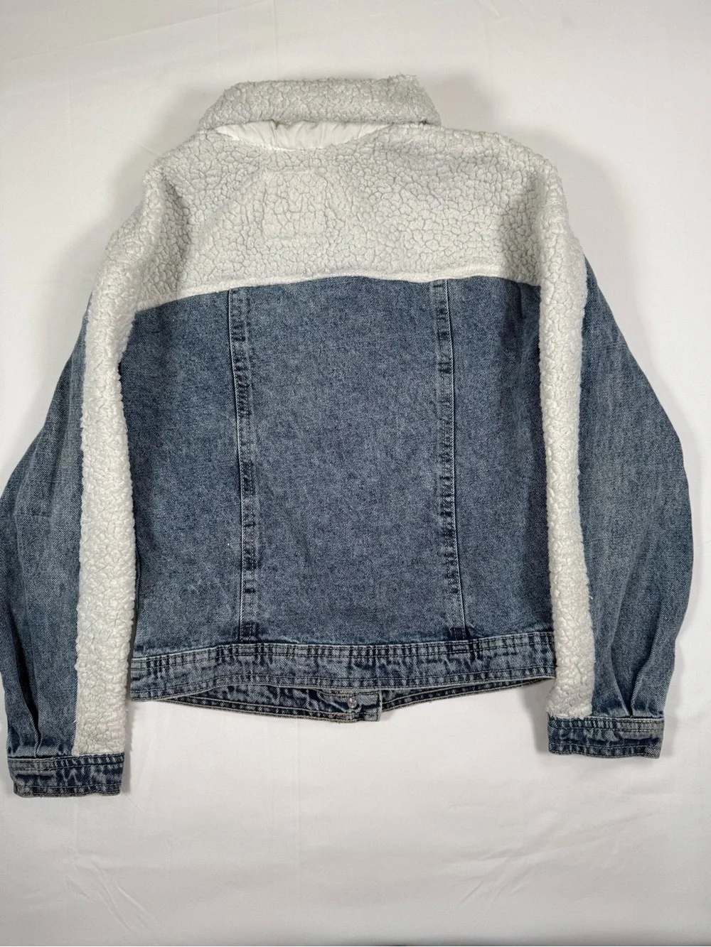 JUSTICE Girls Snoopy Peanuts 75th Sherpa Denim Jacket S 7/8 Ski Patches Winter